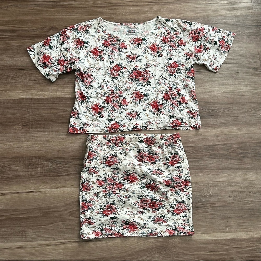 NAF NAF COLLECTION Vintage White Red Floral Skirt Crop Top Set Women Size Medium